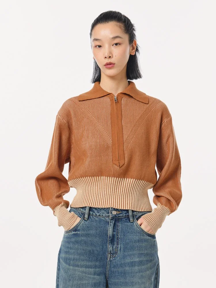 Turn-down Collar Ribbed Short Sweater — AGoodFun